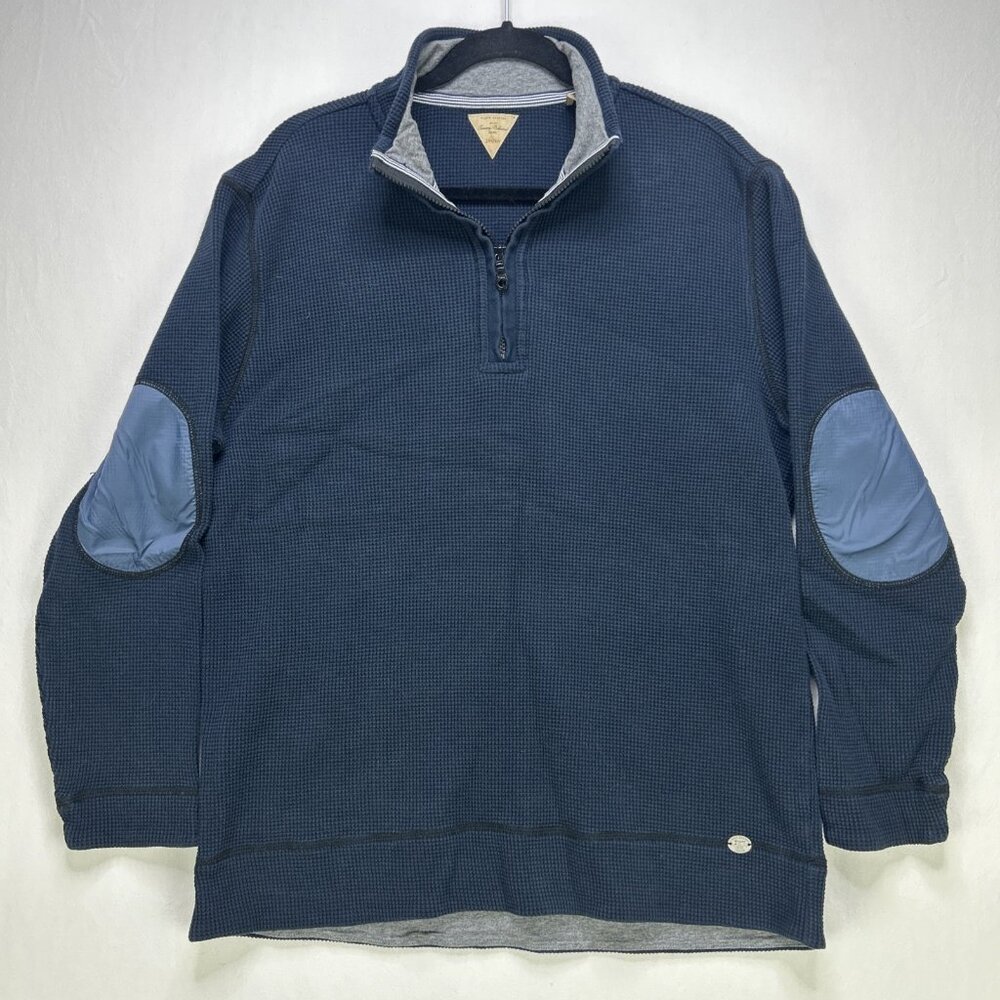 Tommy Bahama Shirt Men’s Large Waffle Knit Quarter Zip Elbow Patch Navy Blue